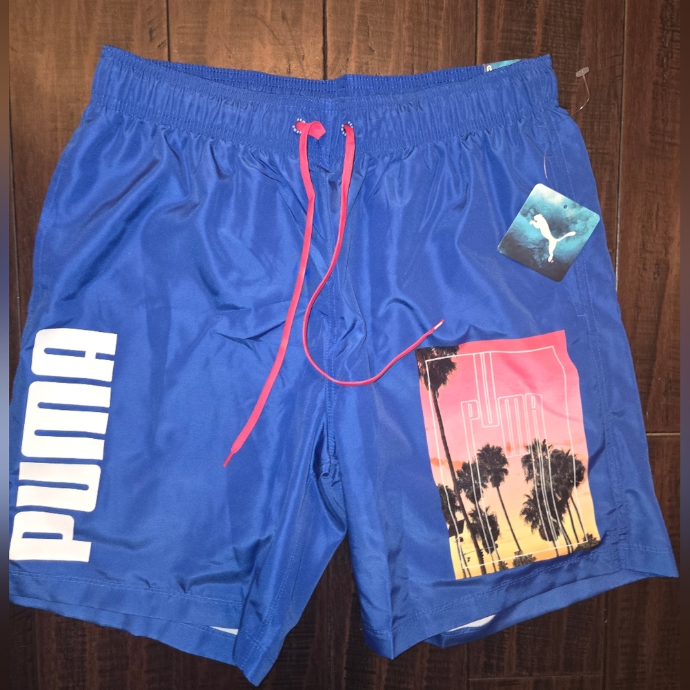 Puma Blue Swim Shorts with Red Drawstring